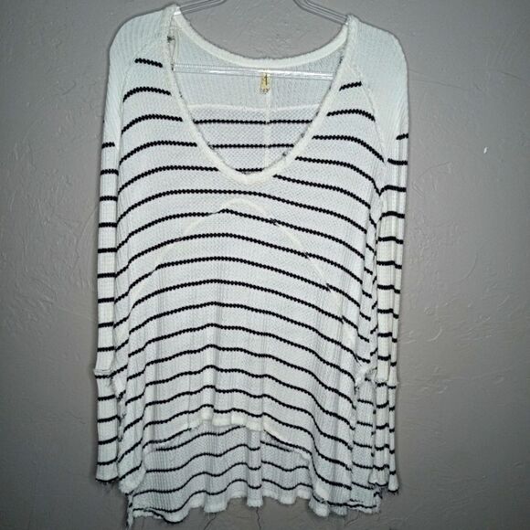 Free People White Stripe Waffle Knit Top - Picture 1 of 6
